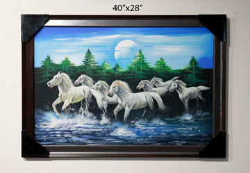 7 Horses Running in Water Handmade Painting