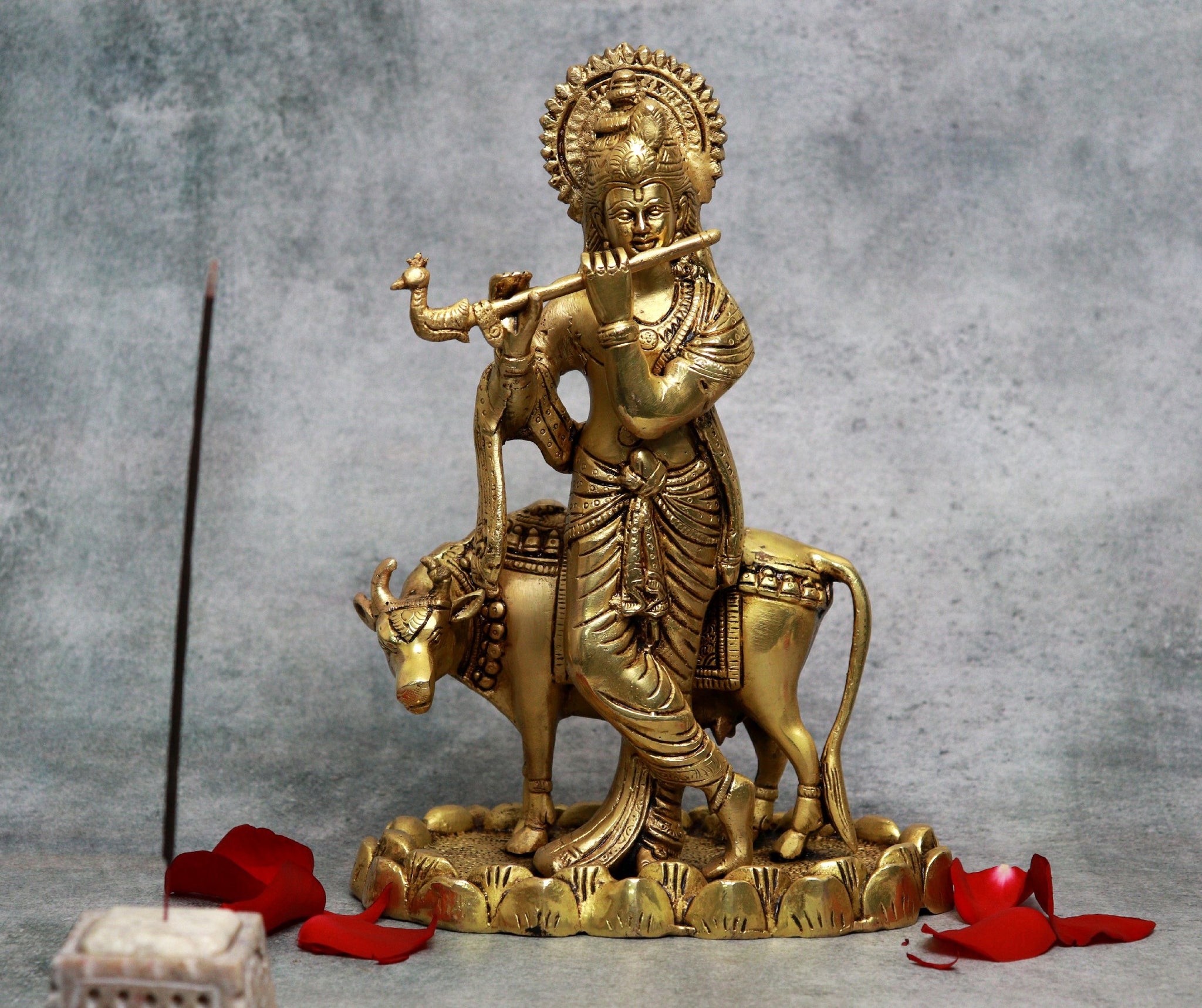 Brass Krishna with cow (11 inches)