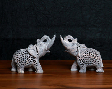 Soapstone Elephant 4" Trunk up Fine Work(set of 2)